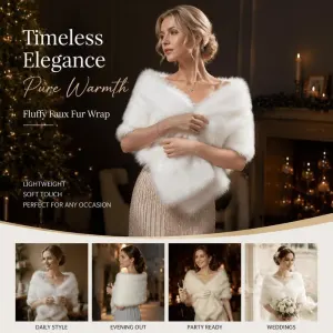 White Ladies Fluffy Faux Fur Wrap Elegant Party Shoulder Cape