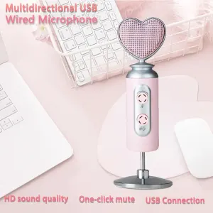 Pink Heart Microphone Set, Cardioid Noise Reduction, Real-time Monitoring & One-Touch Mute, Handheld & Desktop Dual Modes, Type-C Plug-and-Play, Essential for Podcasting, Live Streaming & Karaoke.