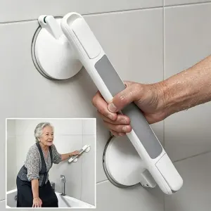 Drill-free Suction Cup Safety Grab Bar – Dual Suction Cup Vacuum Adsorption, Load Capacity 120kg, Red and Green Indicator Light for Visual Safety, Anti-slip Handle for Multi-scenario Use