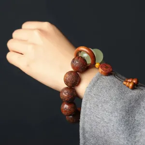 1pc Classic 12-bead 20mm Handmade Wooden Carved “Fu” Pendant Bracelet, Unisex Beaded Bracelet, Buddhist Mala Beads Prayer Bracelet