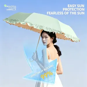 Triple-Fold Manual Sun Umbrella, Ruffle Colored Rubber Coating, UPF50+ 99% UV Protection, 8 Iron Ribs, 210T Pongee, Sun & Rain Use (Outer blue and inner rice lace umbrella+bag)