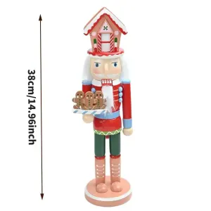 New Classic Wooden Nutcracker Figurine, 38cm tall, gingerbread house hat design, red and blue military uniform, playful hand-painted finish, perfect Christmas gift.