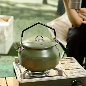 Portable Camping Kettle, 304 Stainless Steel, 1000ML Ultra-Light, Self-Standing Silicone Grip, Damping Lid, Dual-Ring Base – Olive Green
