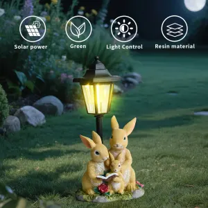 Solar Simulation Rabbit Ornament, charges by day and lights up automatically at night, three rabbits cluster around a street lamp with “WELCOME” bucket, warmly decorates courtyard and balcony, eco-friendly and healing./Rabbit’s Kin