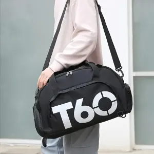 T60 Upgraded Sports Bag: Wet-Dry Separation + Independent Shoe Compartment, Large Capacity, Multiple Carry Options – A Must-Have for Travel./White characters on black background