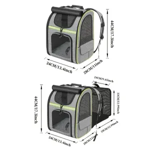 Expandable Cat Backpack, Mesh Breathable, for Small Dogs & Puppies, Travel Hiking Camping Pet CarrierGray (with green edge)