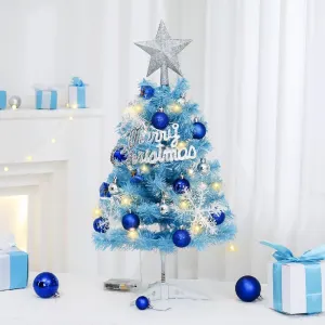 60cm Blue Mini Christmas Tree Set | Includes Star Topper, Letter Sign, Ornament Balls & Snowflake Decorations, Fresh & Dreamy Desktop Holiday Décor (Lighted Version: LED Battery Warm Light Lamp)