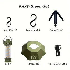 RHX3 Multi-functional Camping Light: 5-level & stepless dimming, 3000mAh battery (7-50h runtime), magnetic/tripod/hanging, camping ambiance lighting essential. – Green