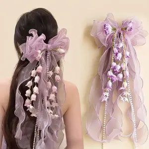 New Organza Bow Hair Clip, Bohemian Long Ribbons, Oversized Gauze Lily-of-the-Valley Pearl Strand, Pastoral Floral Ethereal Charm, Must-have Hair Accessory for Weddings, Hanfu, Parties & Vacations.