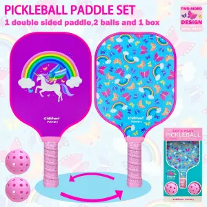 Double-Sided Pickleball Paddle Set – Fibreglass PP Honeycomb Core, 2 Balls 1 Paddle Gift Box, Lightweight Social Sports Starter Kit.(Blue dinosaur [color box] 1 beat +2 balls)