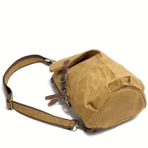 Vintage Waxed Canvas Crossbody Sling Bag with Crazy Horse Leather, Large Capacity Chest Pack, Breathable Washed Canvas Back, for Commute & Outdoor. – Khaki
