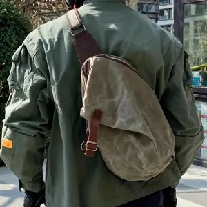 Vintage Waxed Canvas Crossbody Sling Bag with Crazy Horse Leather, Large Capacity Chest Pack, Breathable Washed Canvas Back, for Commute & Outdoor. – Black