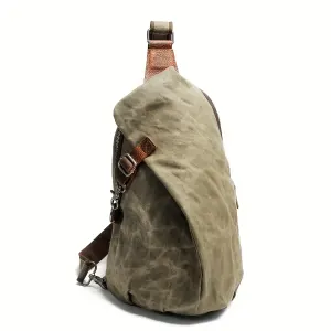 Vintage Waxed Canvas Crossbody Sling Bag with Crazy Horse Leather, Large Capacity Chest Pack, Breathable Washed Canvas Back, for Commute & Outdoor. (pitch green)