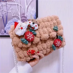 Christmas Plush Cartoon Handbag Crossbody Bag, 3D Appliqués Pearl Chain, Sweet Practical Holiday Essential.