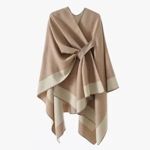 Solid Color Striped-Border Faux Cashmere Shawl Scarf, Minimalist Versatile Autumn Winter Warmth Elegant Accessory. – Khaki