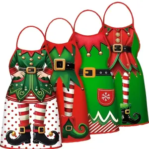 Christmas Elf Apron Set 4-Piece: Classic Red and Green Color Scheme, Fun Three-Dimensional Print, Suitable for Both Adults and Children, Essential for Baking and Parties.