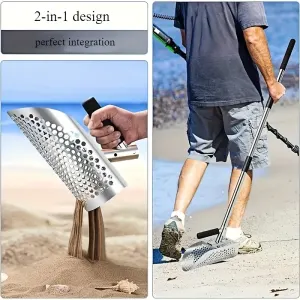Stainless Steel 2-in-1 Sand Scoop – Metal Detecting & Beachcombing, Telescopic Handle, Sandcastle Tool