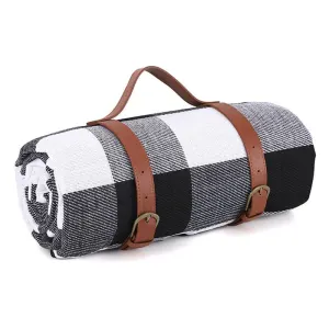 Outdoor Picnic Mat – 3-Layer Thickened Waterproof Camping Rug, Acrylic Sponge TPU, Portable Ground Sheet for Camping & Picnic.(150*200cm.[Leather strap] Black and white check)