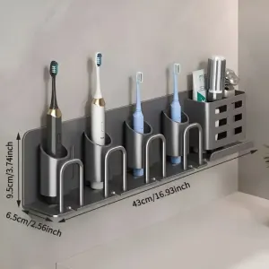 2nd Gen Space Aluminum Toothbrush Holder: Drill-Free, Large-Capacity Storage, Water-Draining & Moisture-Proof, PLUS Upgrade for Extra Durability/Gun gray-toothbrush rack-four people without cups (nail-free installation)