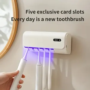 Mini Smart UV Toothbrush Sanitizer Wall Mount No-Drill USB Charging 1800mAh Li-ion Battery 5-Slot Hot Air Dry Bathroom Organizer（white
