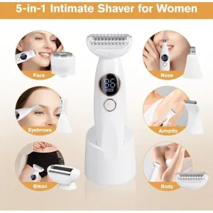 5, in Body, Eyebrows Bikini Line Intimate Trimmer, 1 Electric Shaver for Women, IPX7 Waterproof Bikini Trimmer with USB Charging Station for Face