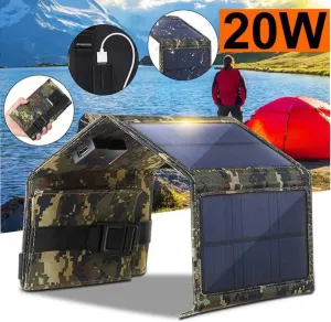 Foldable USB Solar Panel for Camping RVs Boats Smartphones and Laptops, 20 W Output, 5 V, Camouflage