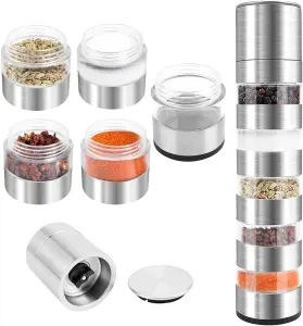 5 Piece Herb Shaker Set with Mill, 5 in 1 Design for Kitchen and Camping
