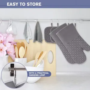 Oven Mitts and Pot Holders with Kitchen Towels, Non Slip Silicone, Heat Resistant to 500 F, Gray