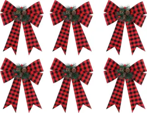 6 Piece Black and Red Checked Christmas Bow Set with Pine Cones