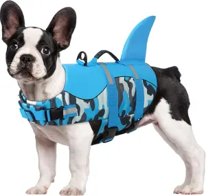Blue Camouflage Dog Life Jacket with Handle, Reflective Flotation Vest, Size L