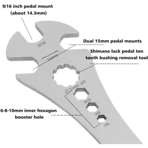 Bicycle Pedal Wrench, Bicycle Pedal Wrench with Extra Long Handle, Multi Purpose Pedal Removal Tool, 0.5625 and Hex Hole, 15mm, 10mm, 8mm, 6mm