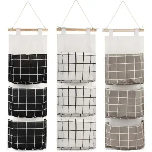 3 Pcs Hanging Storage Bag with 3 Pockets, Fabric Wall Shelf Basket Storage Pouch Organizer for Bedroom Bathroom Kitchen, Waterproof and Stylish