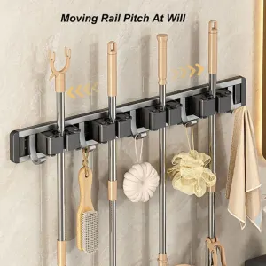 Aluminum Wall Mounted Broom Holder, No Drilling, Adhesive Holder with Hook, Storage, Tool Holder for Kitchen, Garage, Garden, Bathroom, Grey