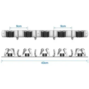 Wall Mounted Broom Holder, Stainless Steel Broom Holder, Storage Hanger Rack for Kitchen, Laundry Room, Garage Organization, 5 Slots and 4 Hooks