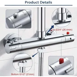 Thermostatic Shower Mixer 2 Outlets High and Low Anti-Scald Mixer Tap in Chrome Brass for Bathroom Bathtub