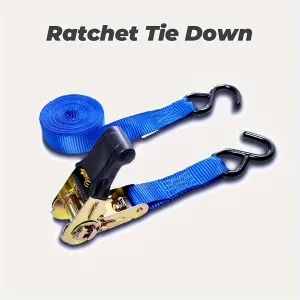 2 Pack Ratchet Tie Down Straps, Heavy Duty Polyester With TPR Grip And Metal S Hooks, For Cargo Kayak Bike Trailer, Blue, 1 in x 15 ft