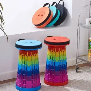 Telescoping Folding Camping Stool With Adjustable Height, 200 kg Capacity, Portable Strap, Rainbow, 6 to 45 cm, 25 cm Diameter