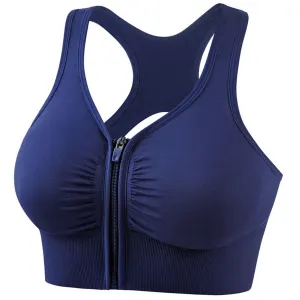 Womens High Impact Sports Bra With Front Zipper, Push Up Breathable Wireless Support For Running Yoga Fitness, Navy Blue, XXXL