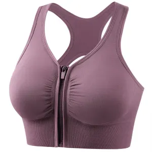 Womens High Impact Sports Bra With Front Zipper Push Up Breathable Wireless Support For Running Yoga Fitness Red Bean Size XL