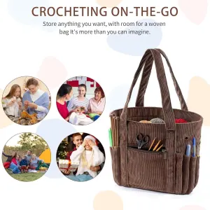 Corduroy Yarn Storage Bag With Metal Grommets And Multiple Pockets, Portable Crochet And Knitting Tote For Travel, Brown, 39.5 x 15.2 x 23.5 cm