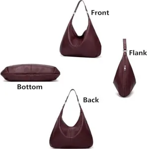 Womens Hobo Shoulder Bag, Vintage PU Leather Large Capacity Tote With Zipper And Adjustable Strap For Work Travel Daily Use, Bordeaux, 48 x 35 cm