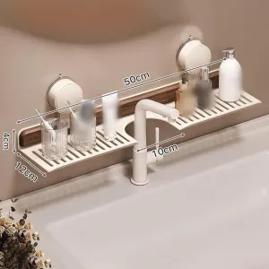Bathroom Shelf with Suction Cups Wall Mounted No Drilling White Walnut Grain Storage Rack for Kitchen Bathroom, 50cm x 12cm x 4cm