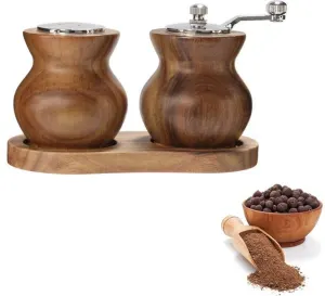 2 Pcs Wooden Salt and Pepper Grinder Set with Tray, Hand Crank Pepper Mill and Salt Shaker, Adjustable Grind for Pepper Sea Salt Sesame, Brown