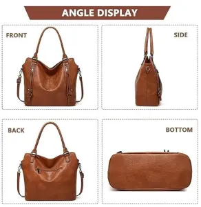 Women Vintage Shoulder Bag with Zipper, Large Capacity PU Leather Handbag for School Work Daily Use, Black