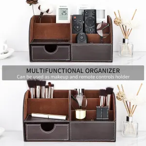 PU Leather Desk Organizer with 6 Compartments and Drawer, Storage Box for Pens and Office Supplies, Coffee Brown