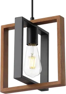 Small Pendant Lamp with Cord, Industrial Wood and Metal E27 Hanging Light Fixture for Kitchen Island Dining Room Bedroom Hallway Farmhouse Style