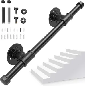 Black Industrial Pipe Handrail Wall Mounted for Indoor Stairs Modern Design, 50 cm