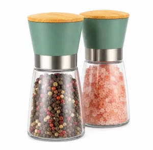 2 Pcs Salt and Pepper Grinder Set with Ceramic Core, Bamboo Lid for Kitchen Dining Table and Cooking