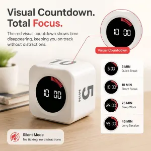 Silent Digital Kitchen Timer Cube Rechargeable USB-C Countdown Timer with 5 10 25 45 Minute Presets for Study and Time Management, 5x5x3.8 cm