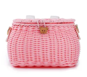 Handwoven Kids Bike Basket with Lid and Shoulder Strap, Detachable Bicycle Basket for Girls and Boys, Pink, for Balance Bikes